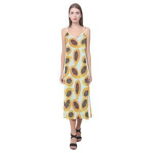 Watercolor papaya pattern V-Neck Open Fork Long Dress