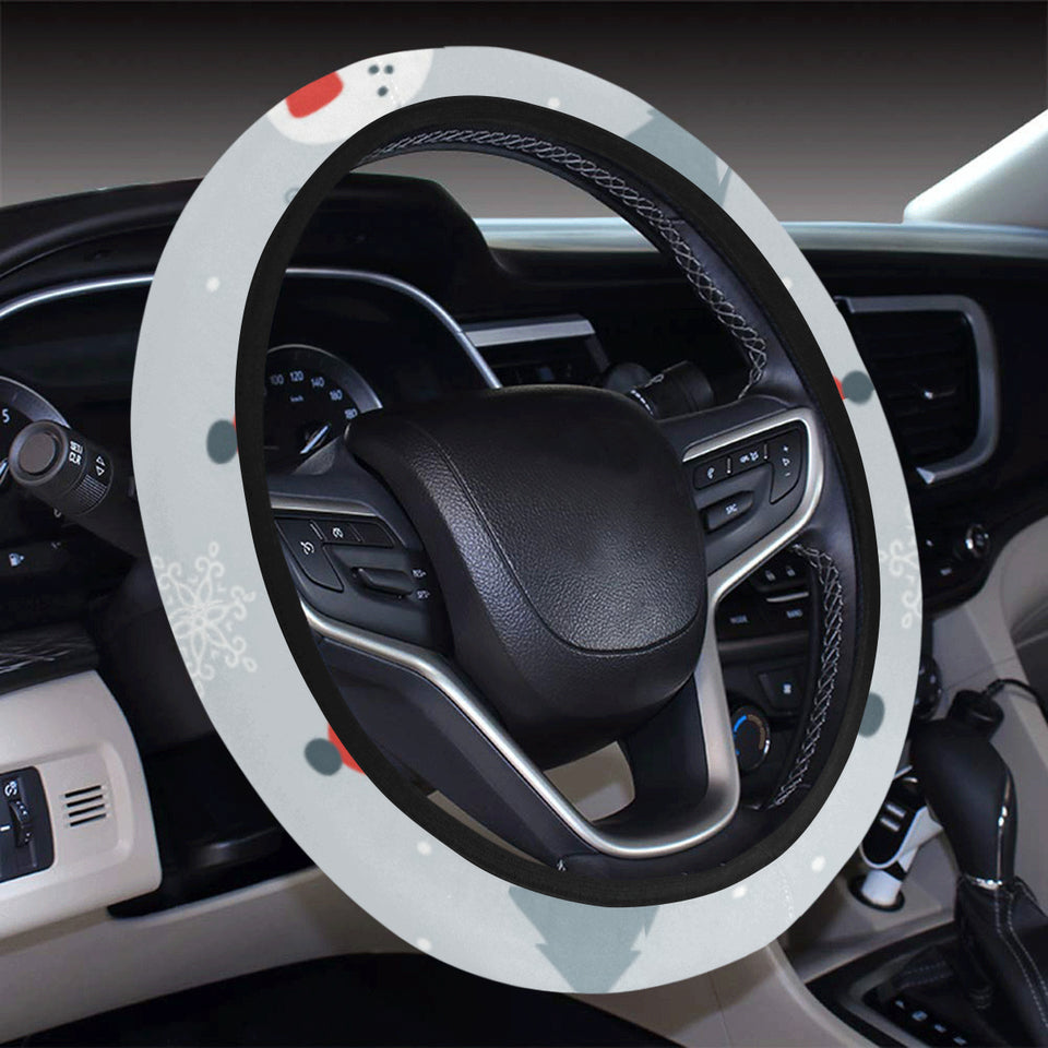 Snowman christmas  tree snow gray background Car Steering Wheel Cover