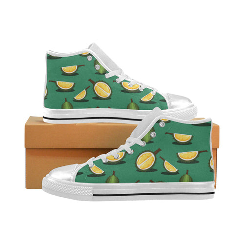 Durian pattern green background Women's High Top Canvas Shoes White