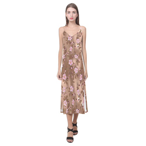 Pink sakura cherry blossom drak brown background V-Neck Open Fork Long Dress