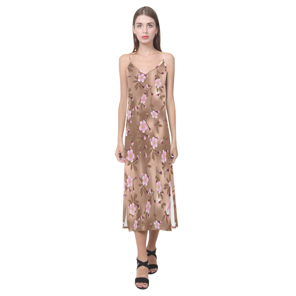 Pink sakura cherry blossom drak brown background V-Neck Open Fork Long Dress