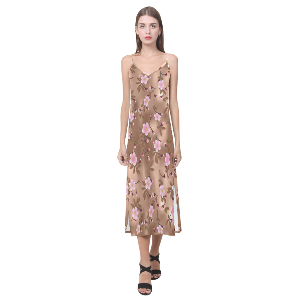 Pink sakura cherry blossom drak brown background V-Neck Open Fork Long Dress