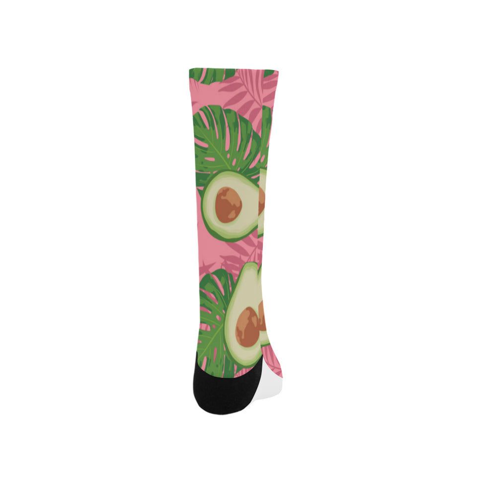 Avocado slices leaves pink back ground Crew Socks