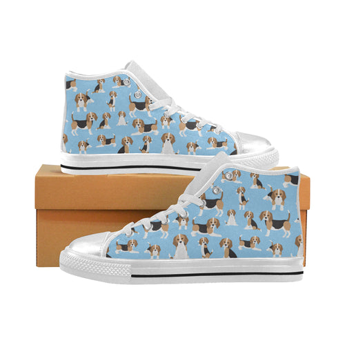 Beagle dog blue background pattern Women's High Top Canvas Shoes White