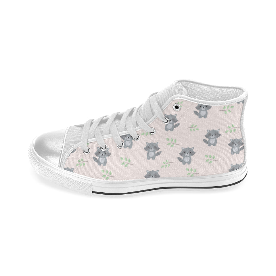 cute raccoons leaves pattern Women's High Top Canvas Shoes White