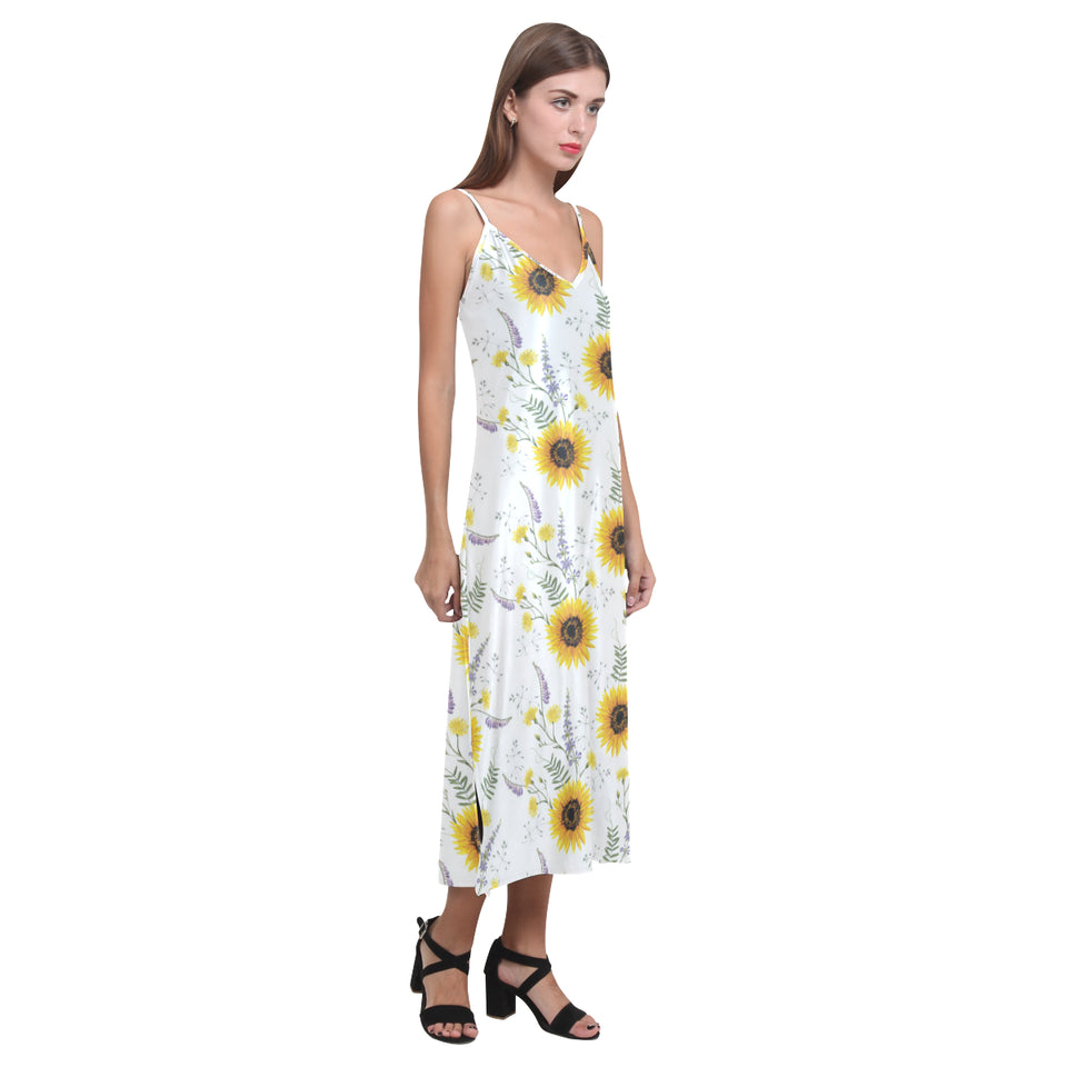 beautiful sunflowers pattern V-Neck Open Fork Long Dress