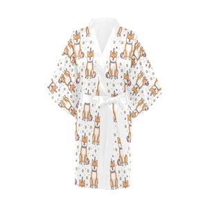 shiba inu unicorn costume horn colorful tail patte Women's Short Kimono Robe