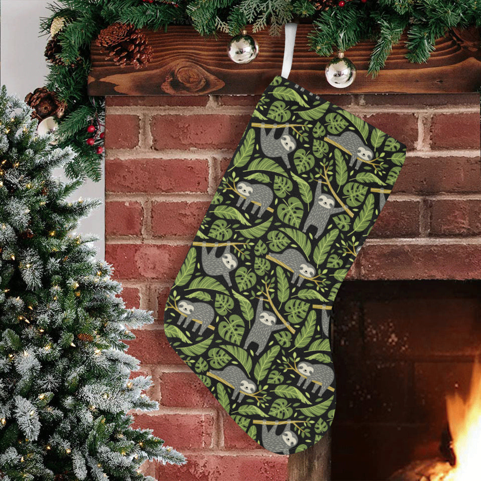 Cute sloths tropical palm leaves black background Christmas Stocking