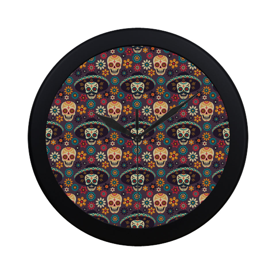 Sugar skulls flower maxican pattern Elegant Black Wall Clock