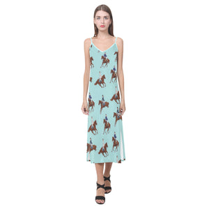 Horses running horses rider pattern V-Neck Open Fork Long Dress