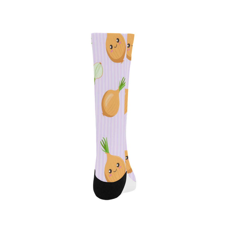 cute onions smiling faces purple background Crew Socks