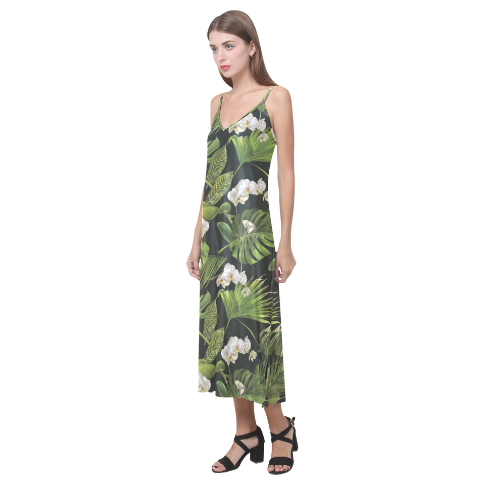White orchid flower tropical leaves pattern blackg V-Neck Open Fork Long Dress