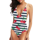 Hand drawn cherry pattern striped background Women's One-Piece Swimsuit