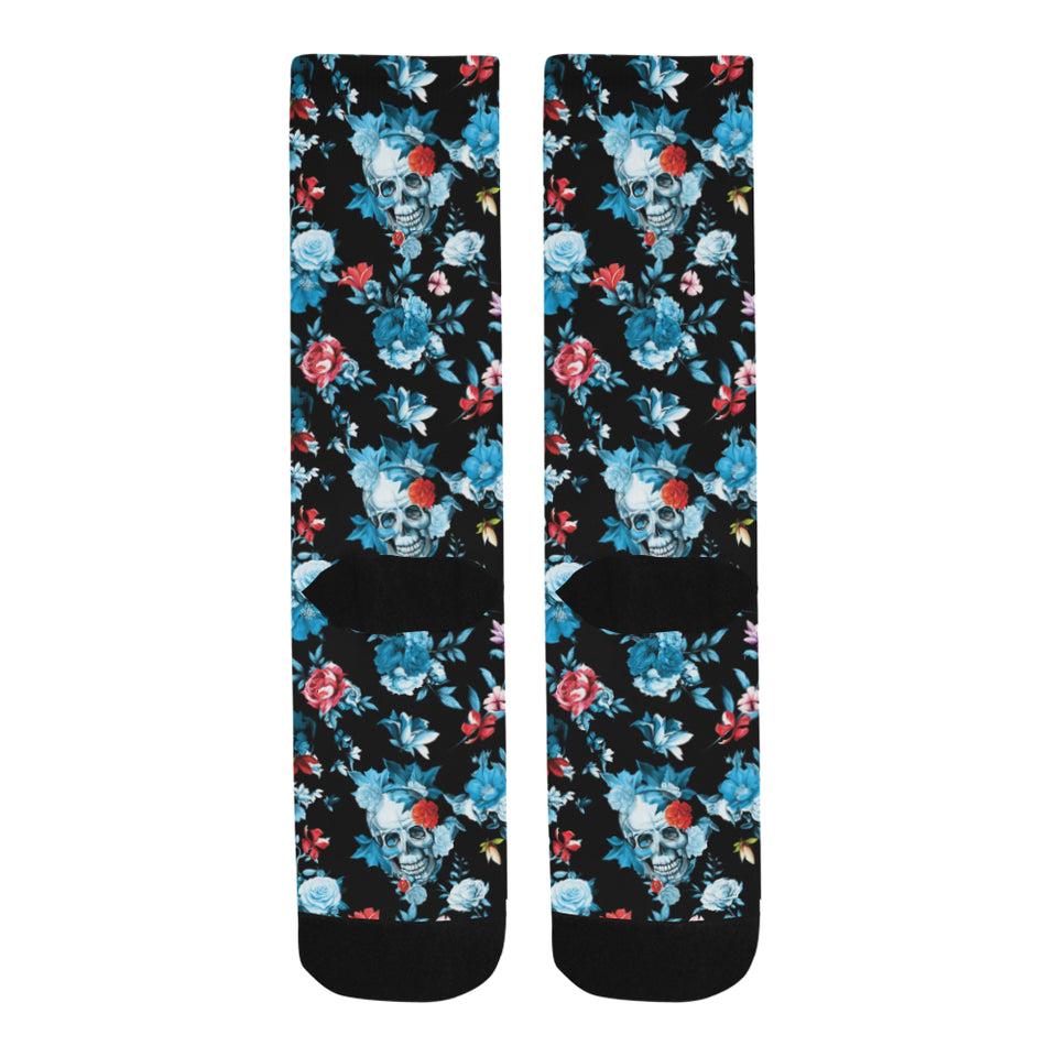 Skull flower roses leave pattern Crew Socks