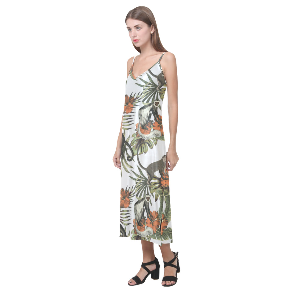 Monkey red hibiscus flower palm leaves floral patt V-Neck Open Fork Long Dress