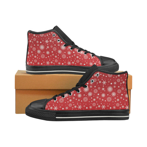 Snowflake pattern red background Women's High Top Canvas Shoes Black