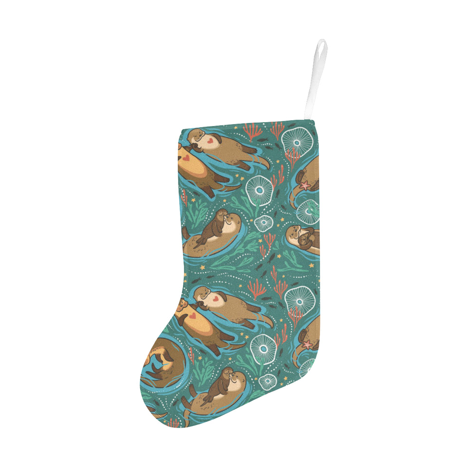 cute brown sea otters ornamental seaweed corals gr Christmas Stocking