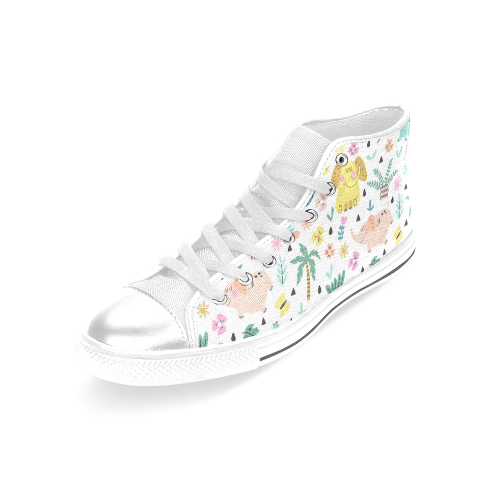Cute elephants palm tree flower butterfly pattern Women's High Top Canvas Shoes White