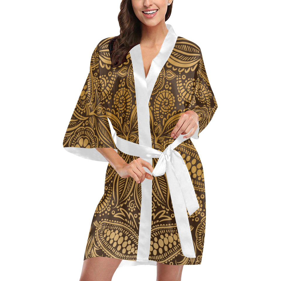 cacao beans tribal polynesian pattern background Women's Short Kimono Robe