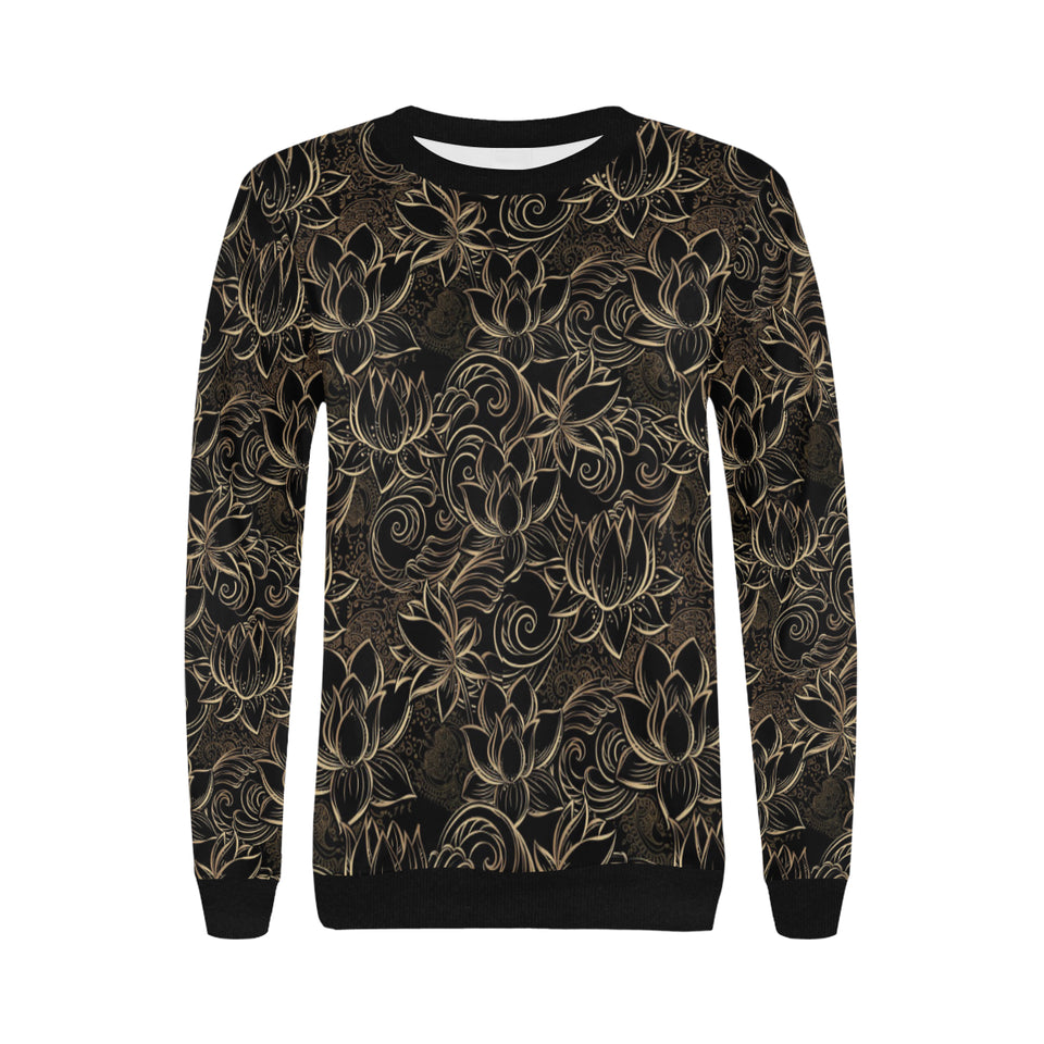 luxurious gold lotus waterlily black background Women's Crew Neck Sweatshirt