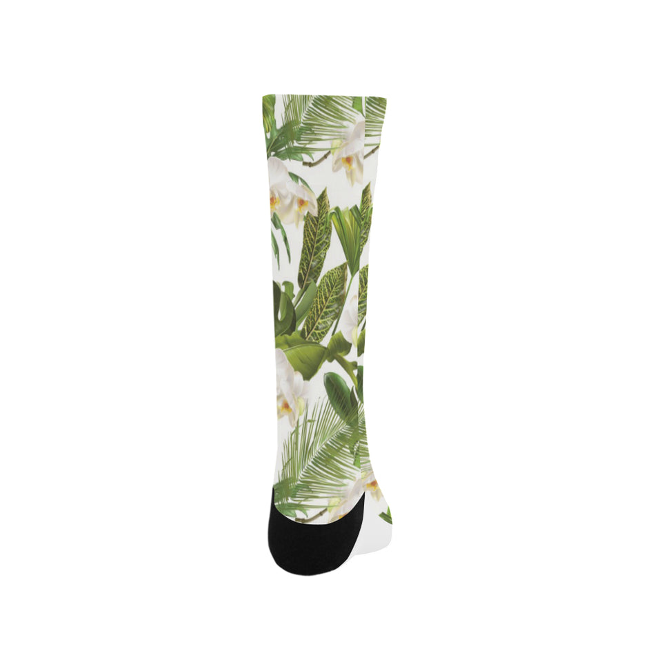 White orchid flower tropical leaves pattern Crew Socks
