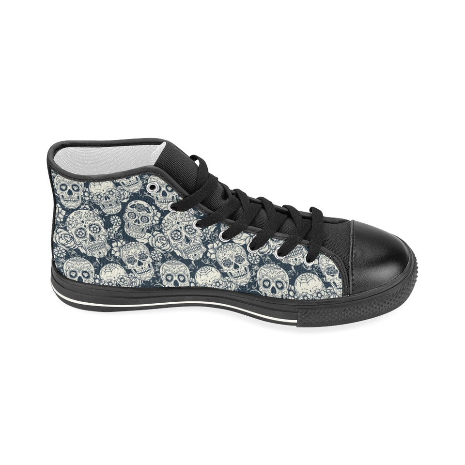 Sugar skull black white pattern Women's High Top Canvas Shoes Black