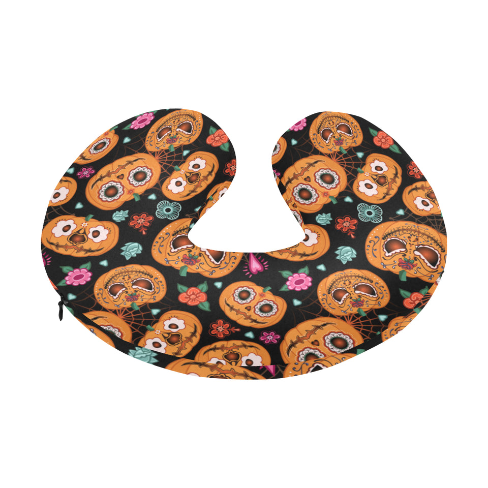 Pumpkin flowers spiderweb Halloween theme U-Shaped Travel Neck Pillow