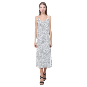 Cartoon hand drawn ice cream black white V-Neck Open Fork Long Dress
