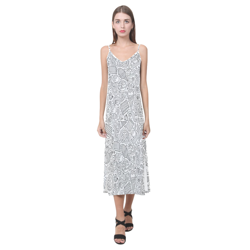 Cartoon hand drawn ice cream black white V-Neck Open Fork Long Dress