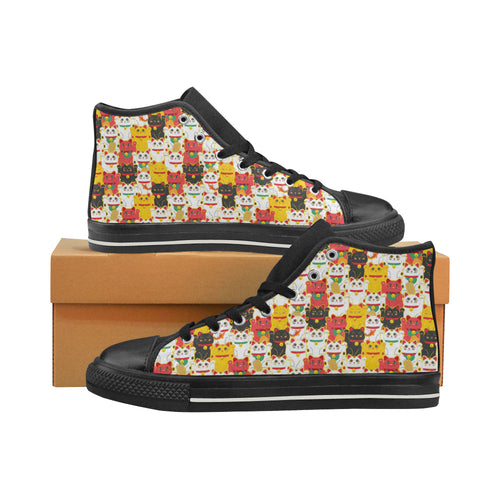 Colorful Maneki neko cat pattern Women's High Top Canvas Shoes Black