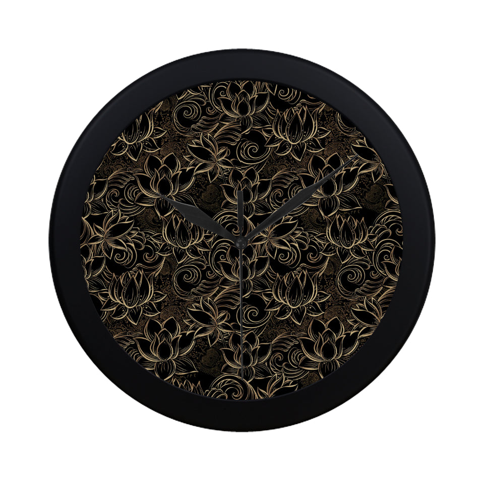 luxurious gold lotus waterlily black background Elegant Black Wall Clock