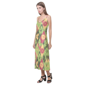 Cool Geometric lime pattern V-Neck Open Fork Long Dress