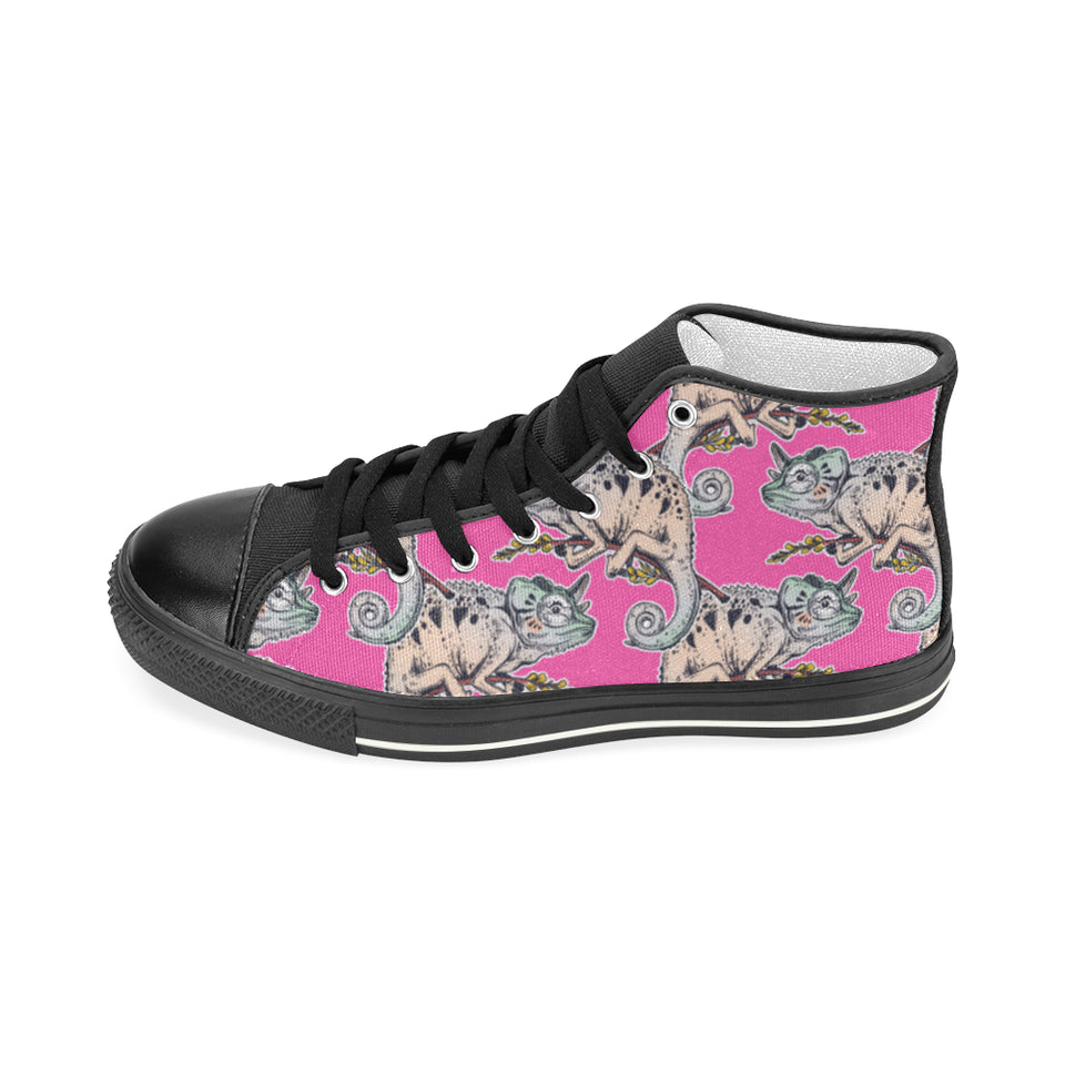 Chameleon lizard pattern pink background Men's High Top Canvas Shoes Black