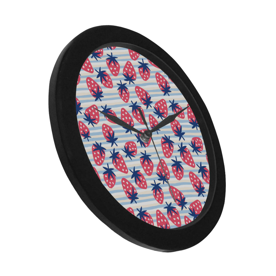 Strawberry pattern blue lines background Elegant Black Wall Clock