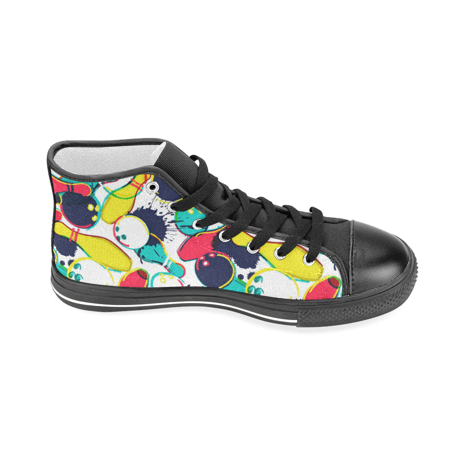 watercolor bowling ball pins Men's High Top Canvas Shoes Black