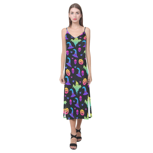 Colorful halloween background V-Neck Open Fork Long Dress