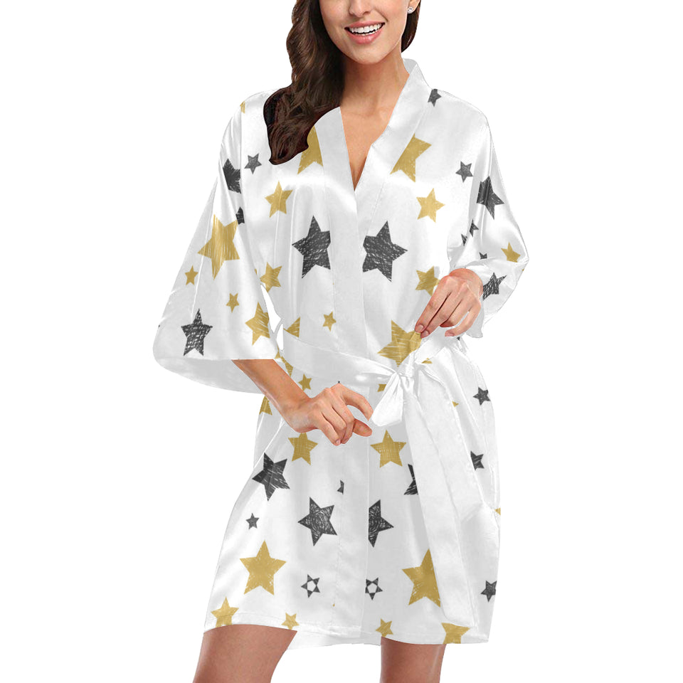 hand drawn gold black star pattern Women's Short Kimono Robe