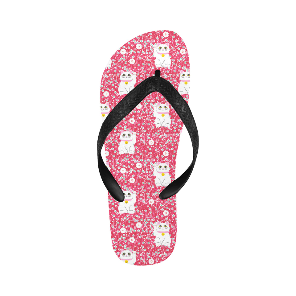 Maneki neko cat sakura pink background Unisex Flip Flops