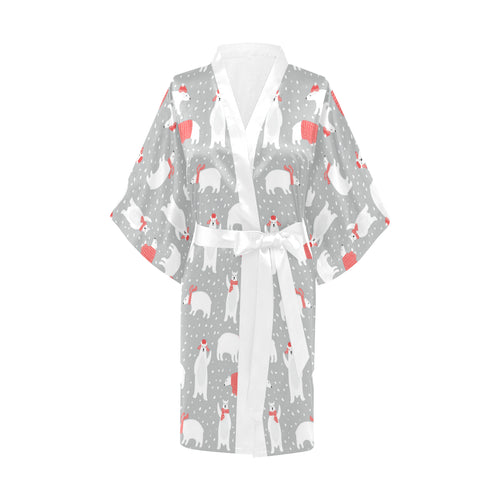 Cute polar bear christmas snow pattern Women's Short Kimono Robe