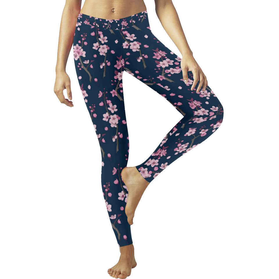 Pink sakura cherry blossom blue background Women's Legging Fulfilled In US