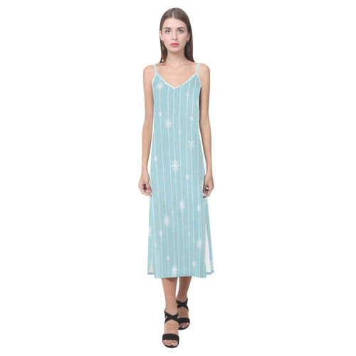 Snowflake pattern blue stripe background V-Neck Open Fork Long Dress