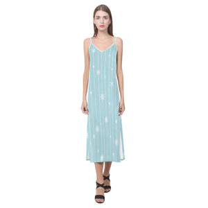 Snowflake pattern blue stripe background V-Neck Open Fork Long Dress