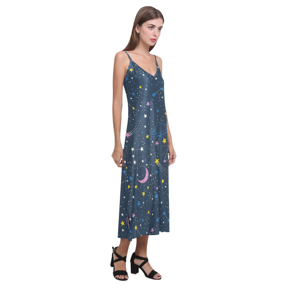 space pattern with planets, comets, constellations V-Neck Open Fork Long Dress