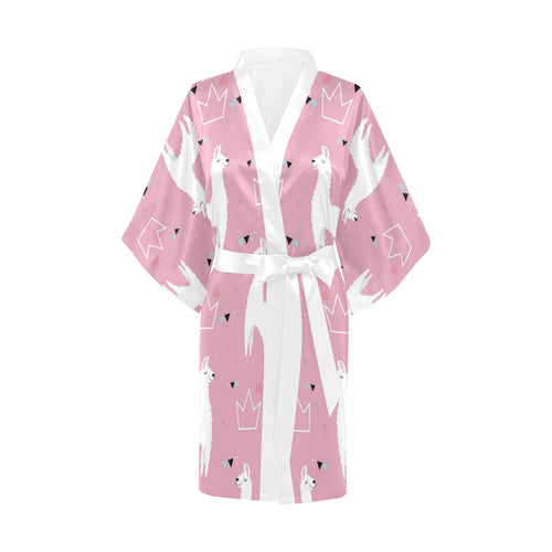Llama Alpaca pink background Women's Short Kimono Robe