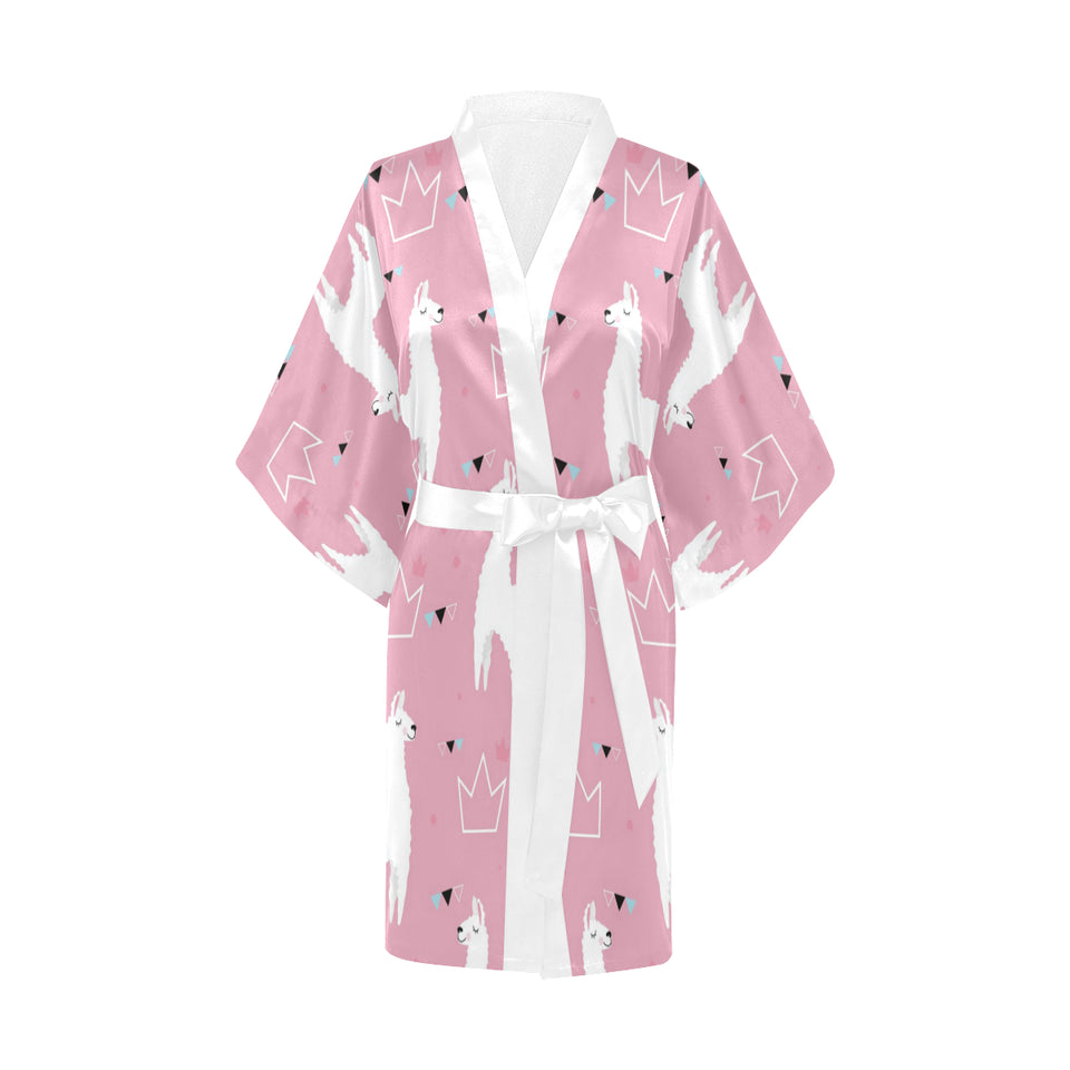 Llama Alpaca pink background Women's Short Kimono Robe