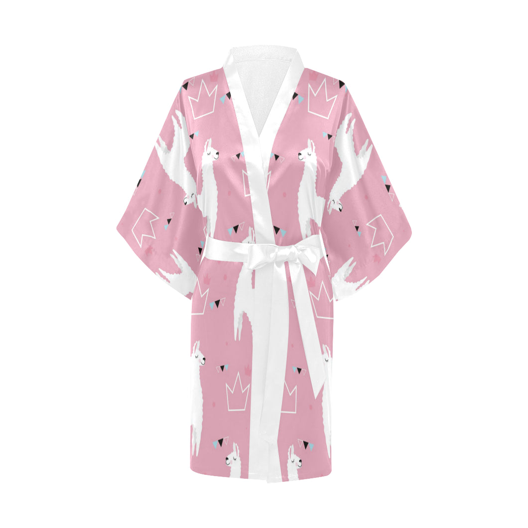 Llama Alpaca pink background Women's Short Kimono Robe