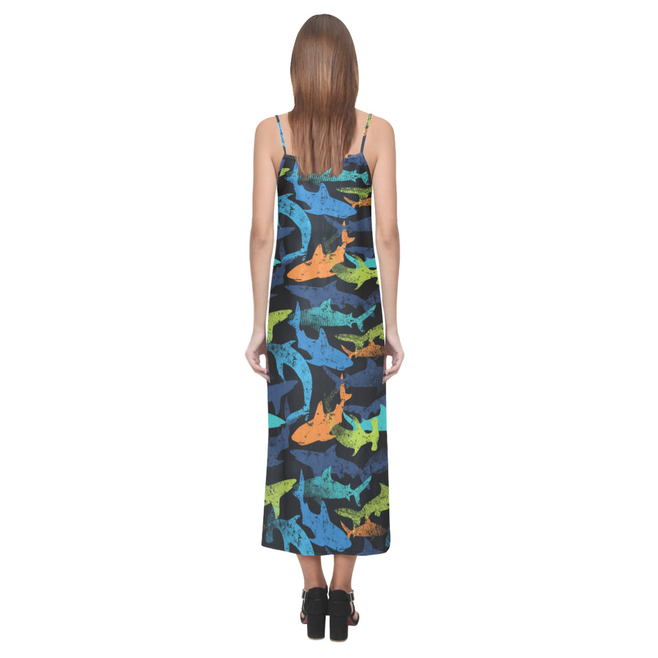 Colorful shark V-Neck Open Fork Long Dress
