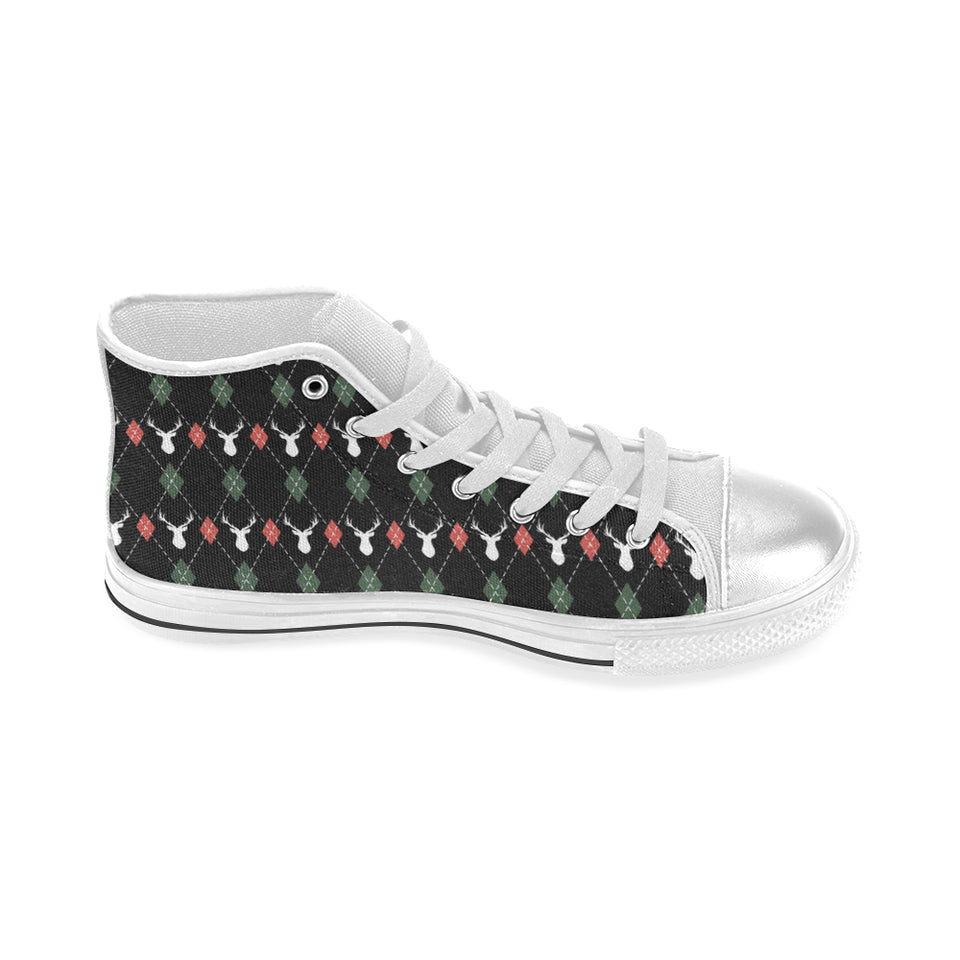 Deer Christmas new year pattern argyle Women's High Top Canvas Shoes White