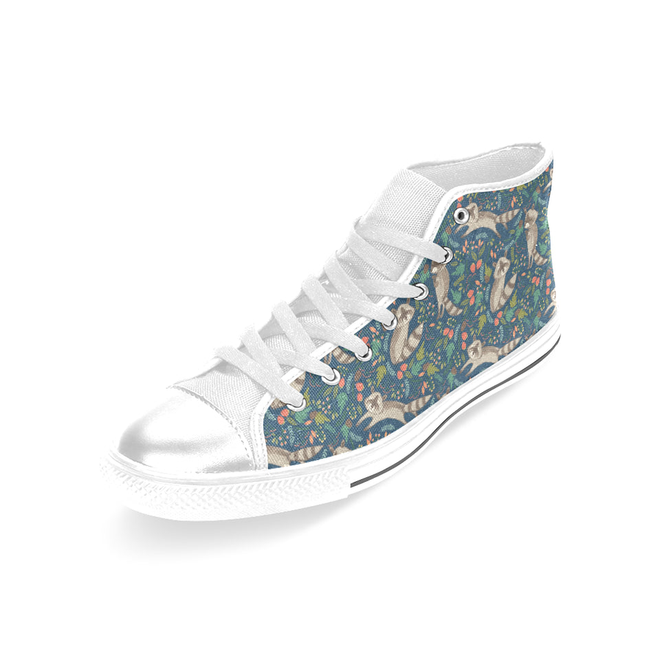 Raccoon tropical leaves pattern Women's High Top Canvas Shoes White