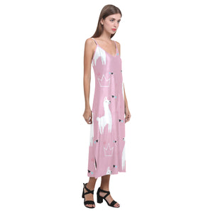 Llama Alpaca pink background V-Neck Open Fork Long Dress